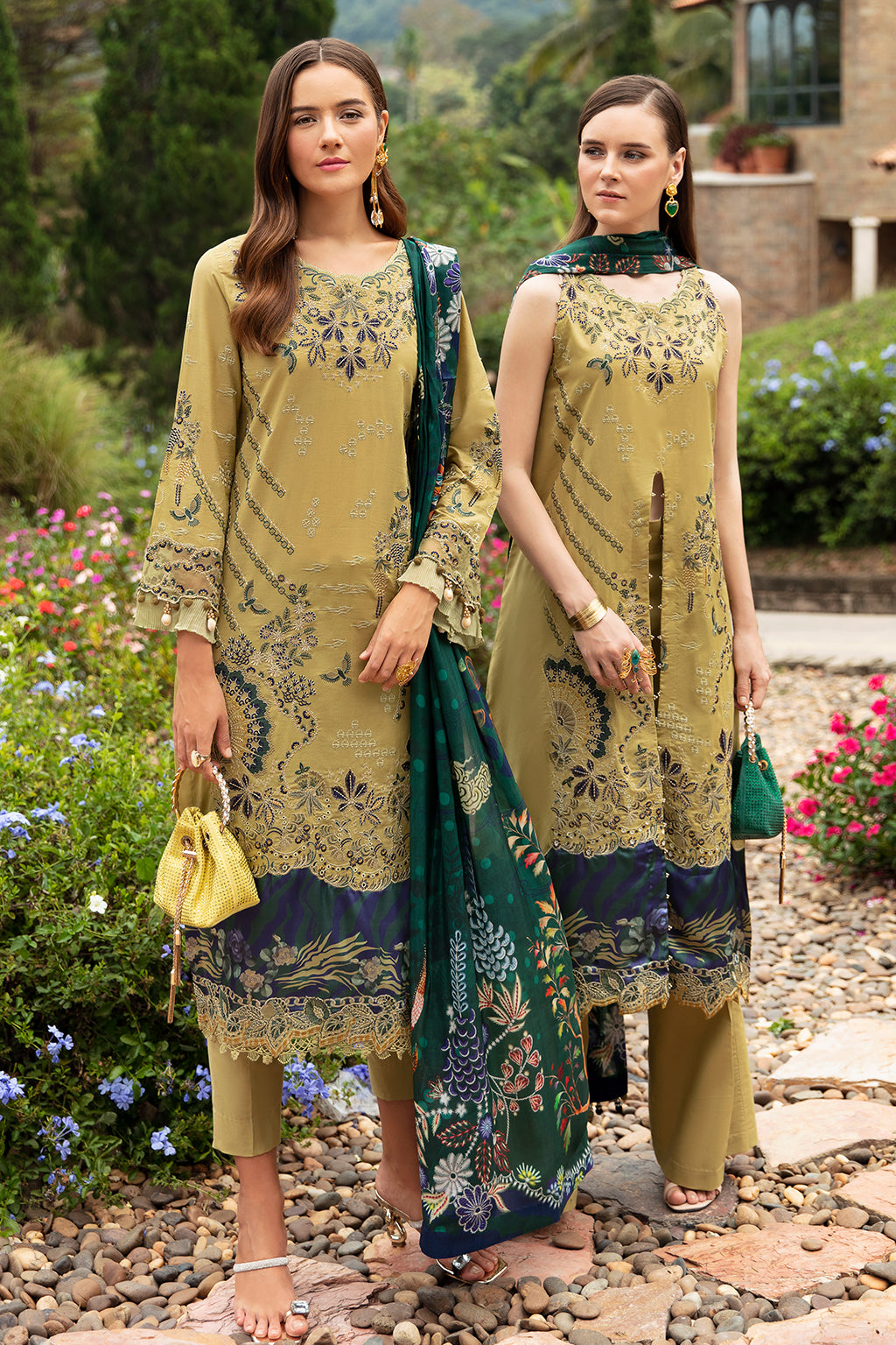 OLIVE GREEN-3PC LAWN EMBROIDERED SUIT-Z-804