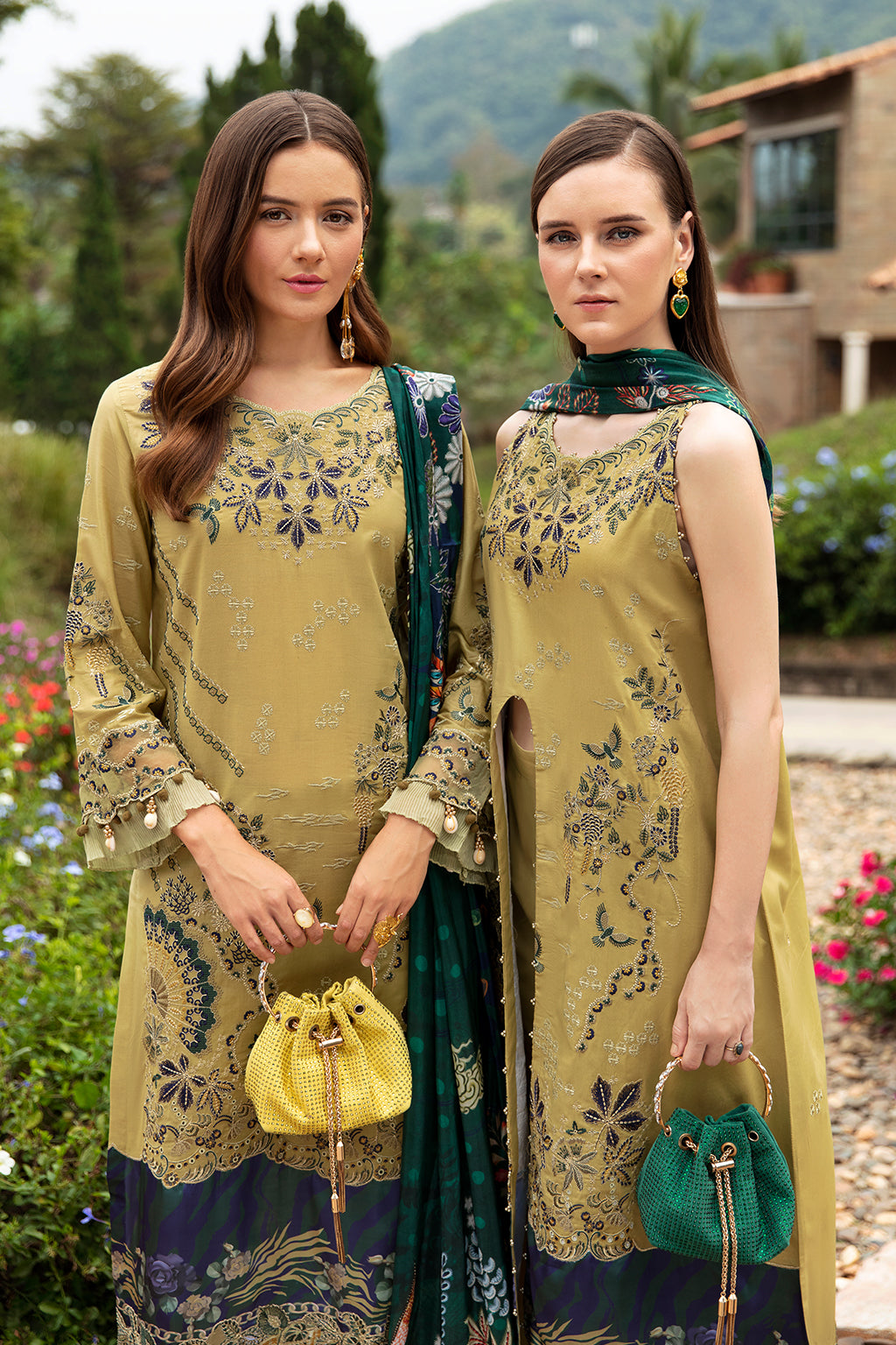 OLIVE GREEN-3PC LAWN EMBROIDERED SUIT-Z-804